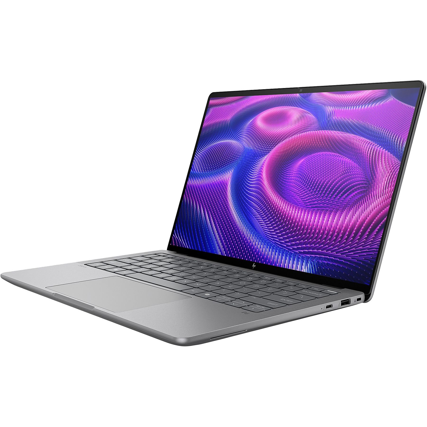 Un laptop grigio che visualizza uno sfondo astratto viola e blu sul suo schermo.