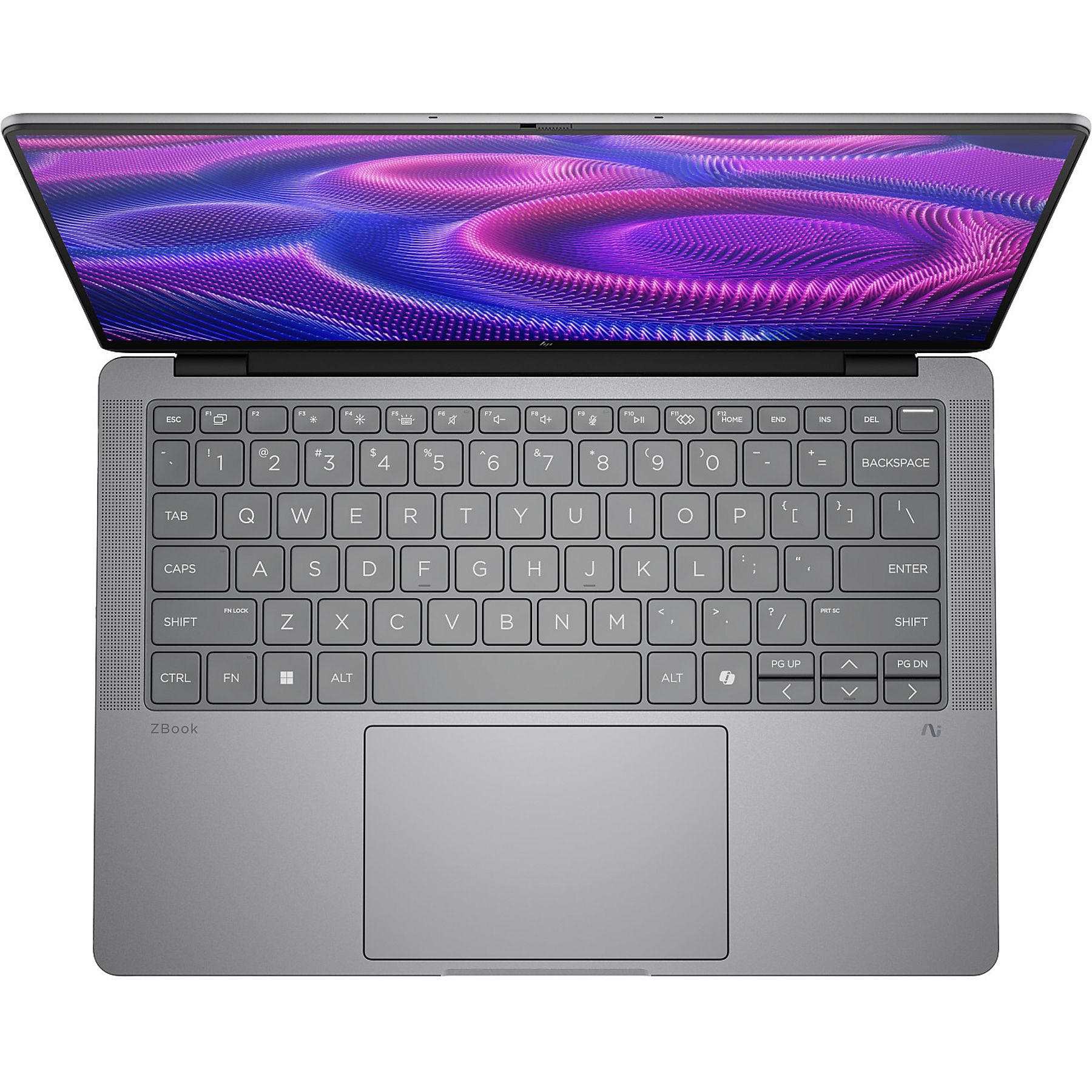 Un laptop HP ZBook argento è aperto, mostrando uno sfondo ondulato viola e blu sullo schermo e una tastiera completa.