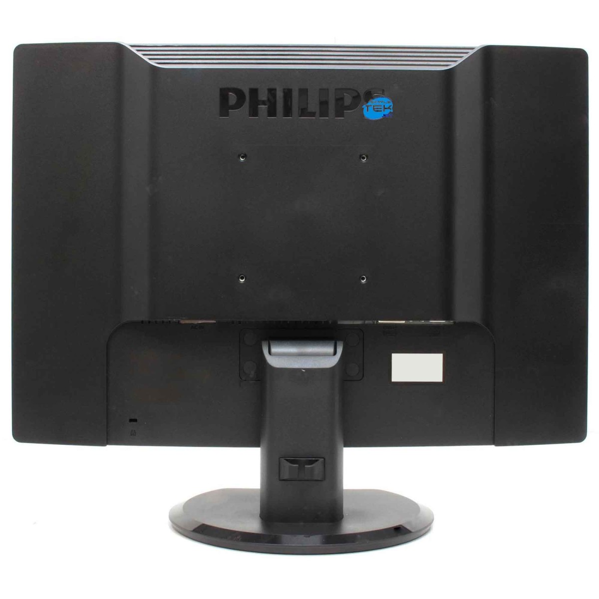 Retro di un monitor Philips nero con supporto e porte visibili.