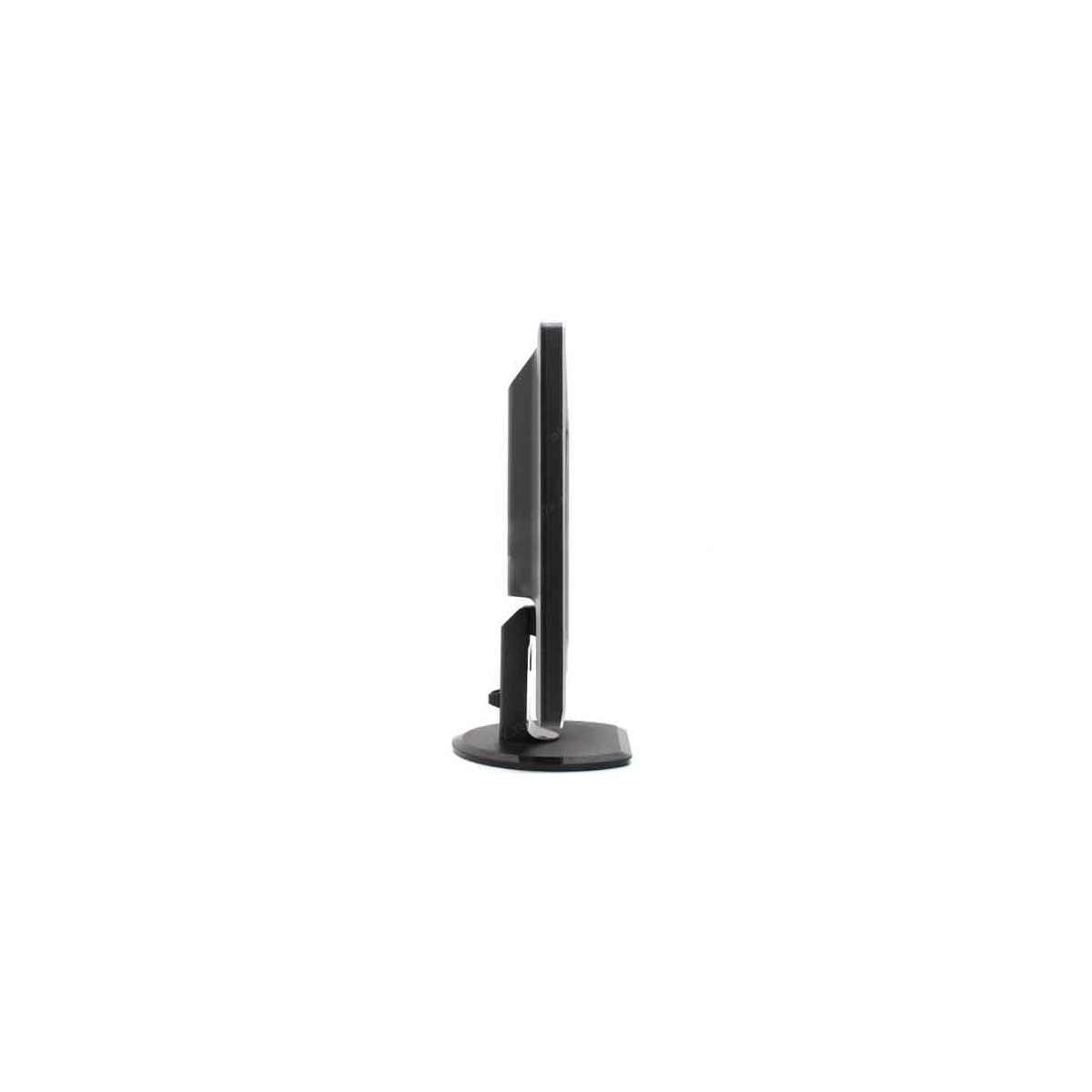 Vista laterale di un monitor di computer nero su sfondo bianco. Minimalista.