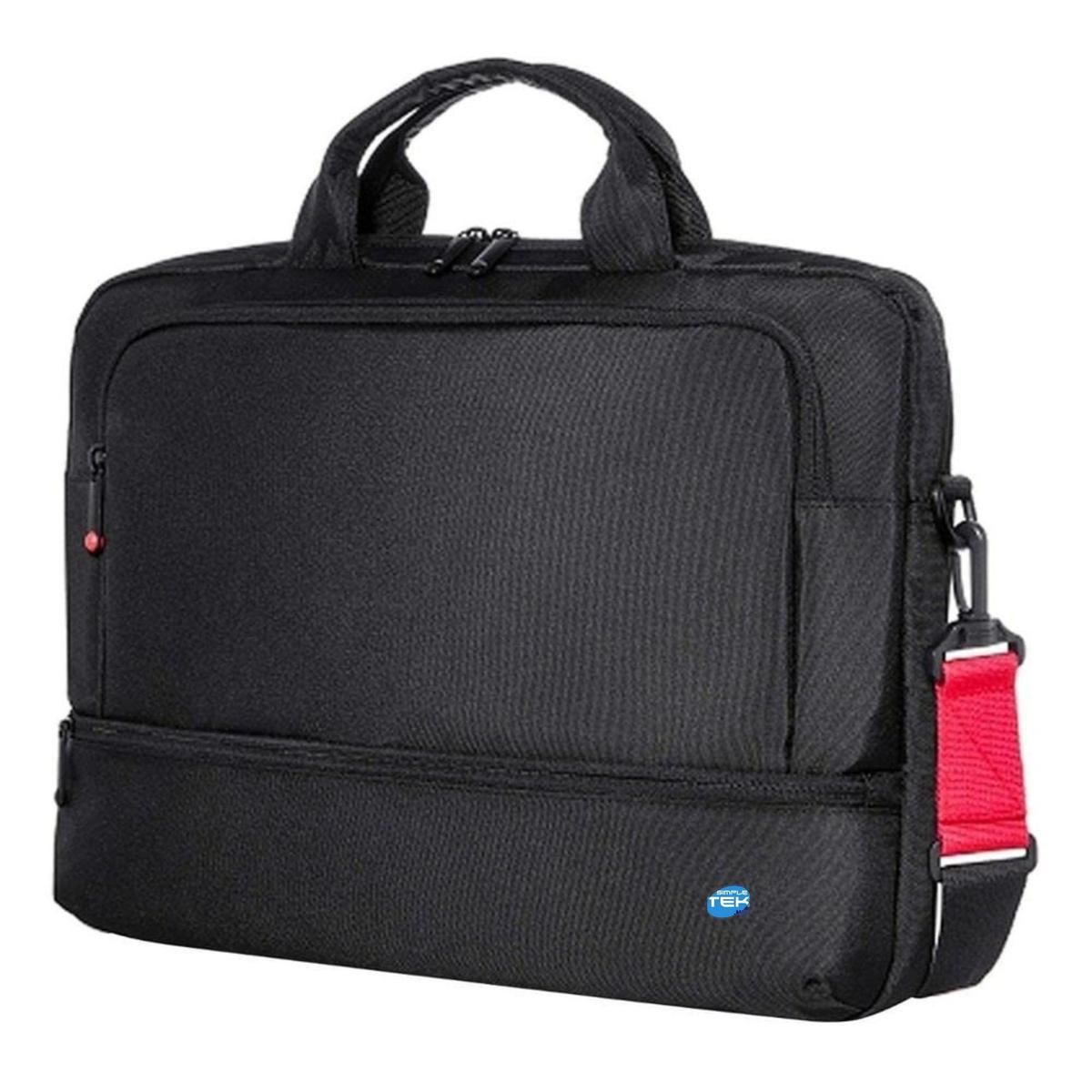 Una borsa nera per laptop con due manici, un accento di cinghia rossa e un logo blu.