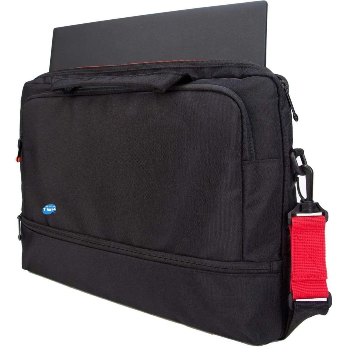 Borsa nera per laptop con tracolla rossa e laptop che sporge dall'alto.