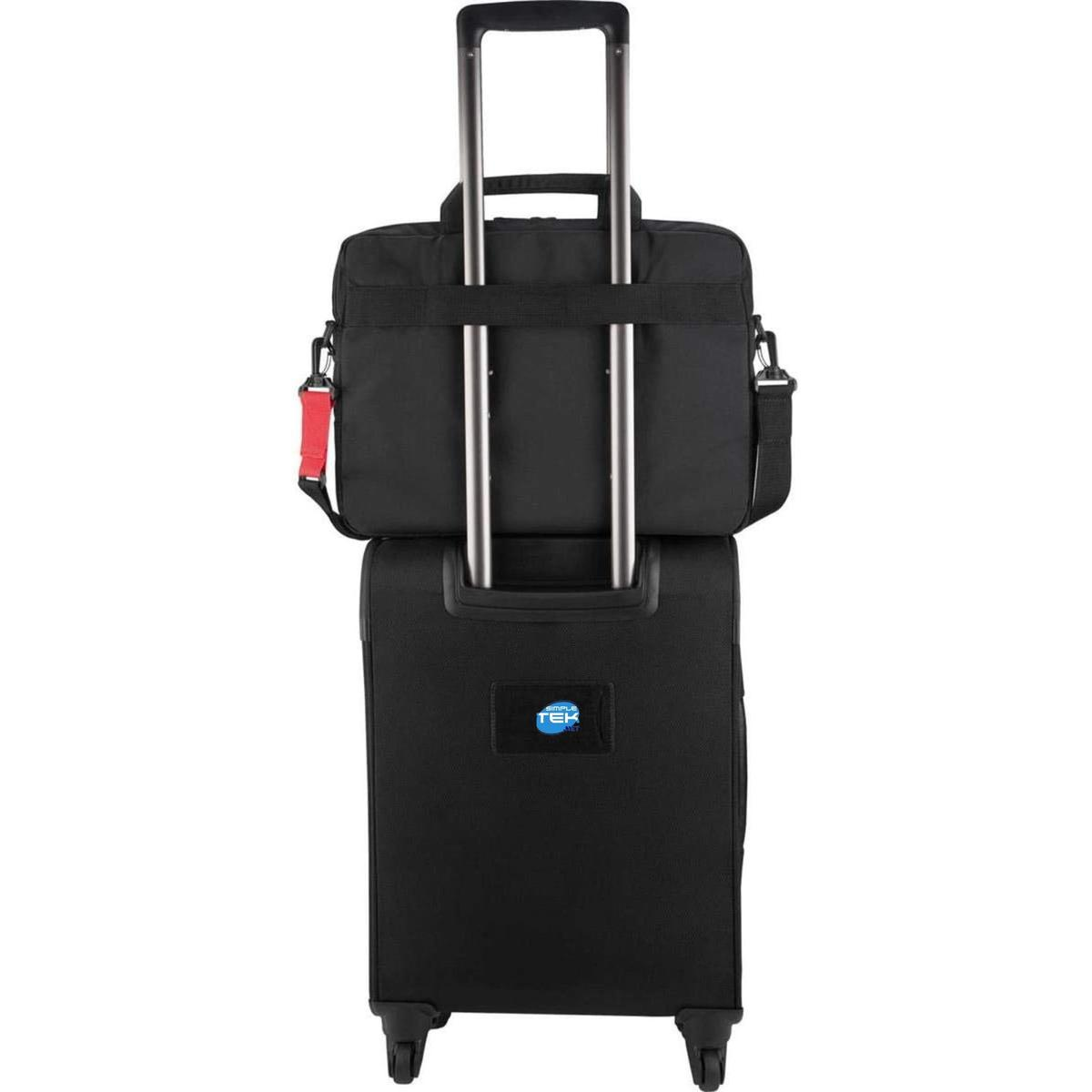 Due borse da viaggio nere impilate con maniglia retrattile argentata e una borsa per laptop nera in cima.