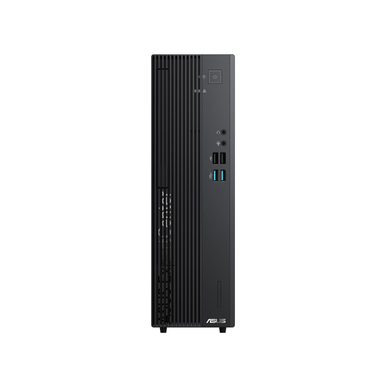 Czarna wieża PC ASUS z pionowymi liniami i portami z przodu.