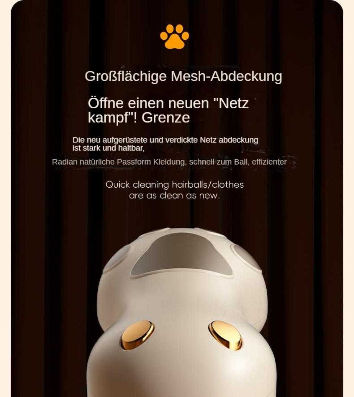 Ein weißes Gerät mit goldenen Akzenten und Text über das Entfernen von Fusseln.