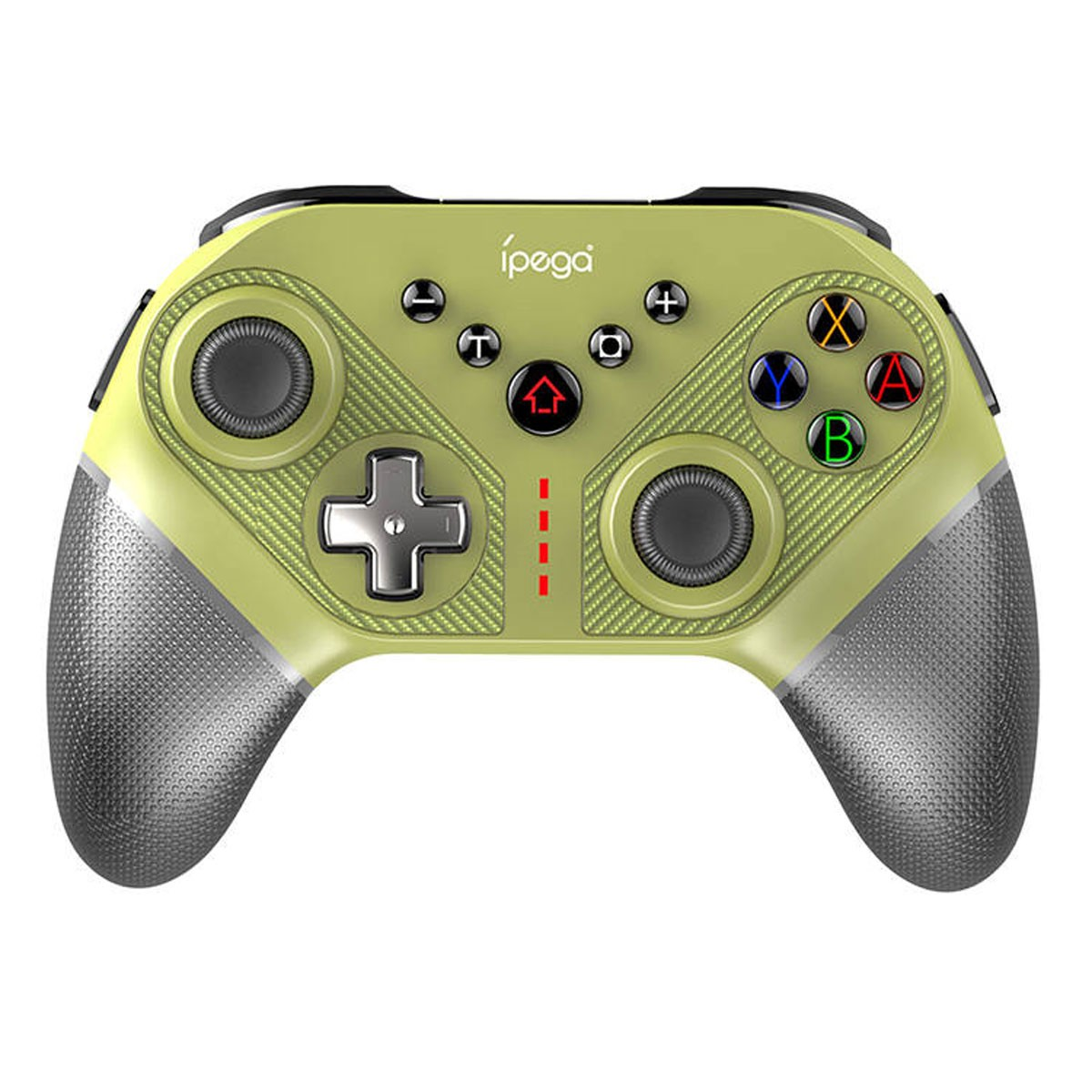 Un controller per videogiochi ipega verde lime con impugnature argentate testurizzate e pulsanti colorati.