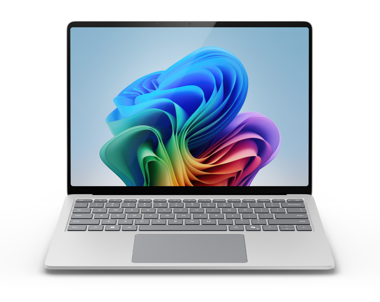 Un laptop argento con uno sfondo astratto colorato sullo schermo, su sfondo bianco.
