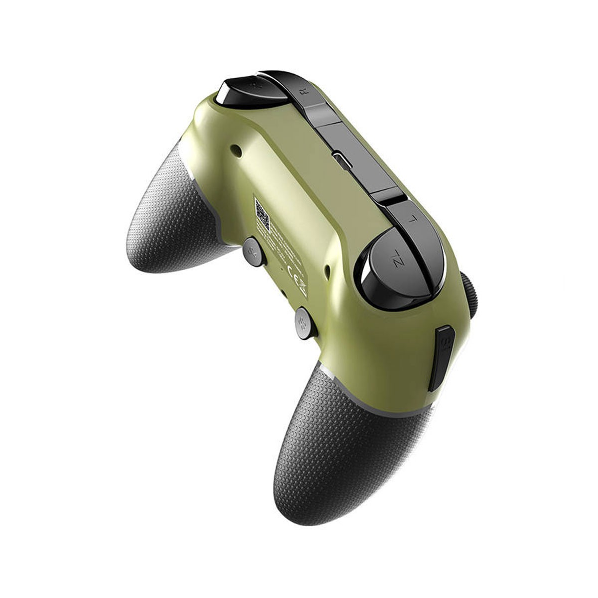 Controller di gioco verde con impugnature e pulsanti neri testurizzati, visto dall'alto.