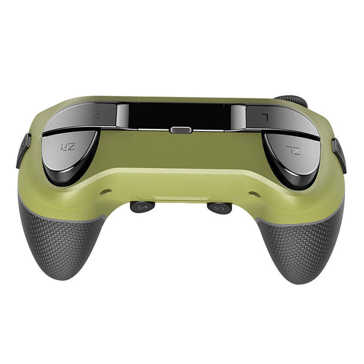 Viene mostrato un controller per videogiochi verde e nero con pulsanti ZR e ZL.
