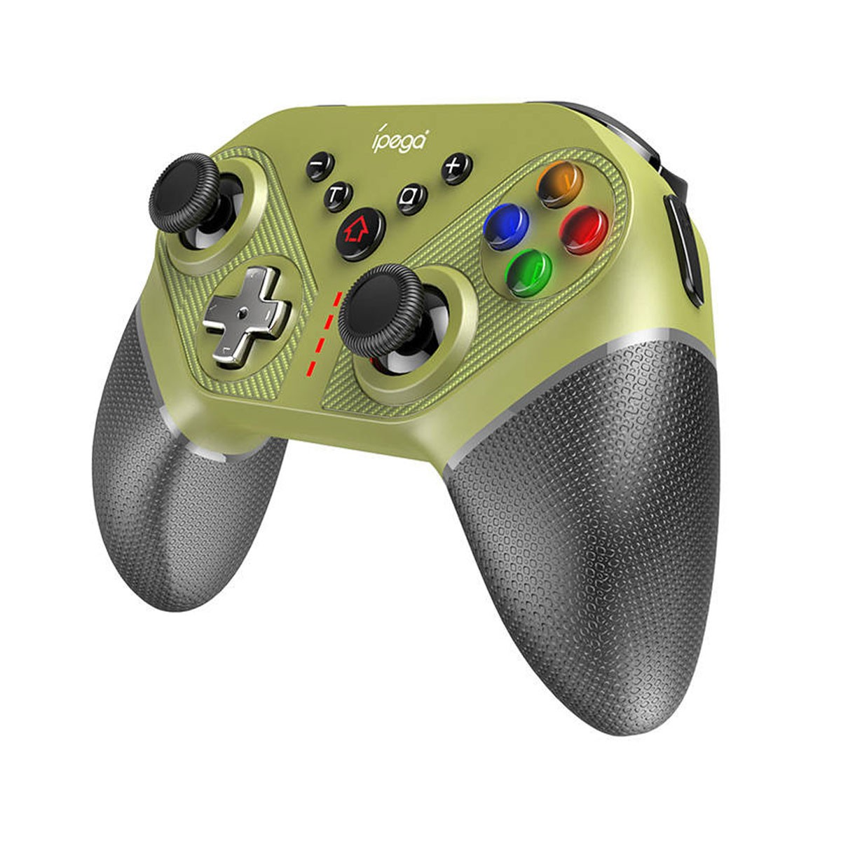 Un controller per videogiochi verde con joystick neri e pulsanti colorati.