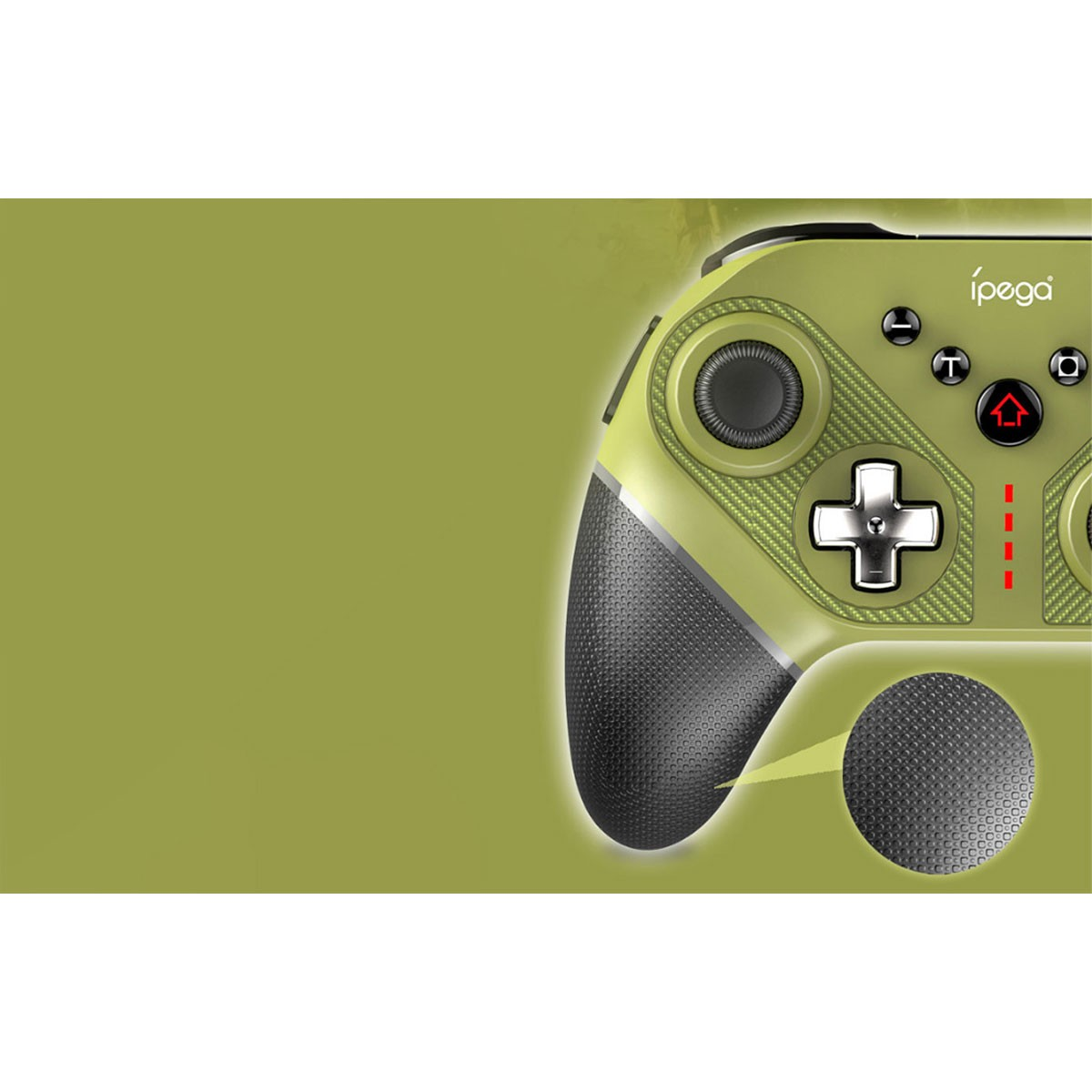 Primo piano di un controller ipega verde con impugnatura testurizzata. Focus su pulsanti e joystick.
