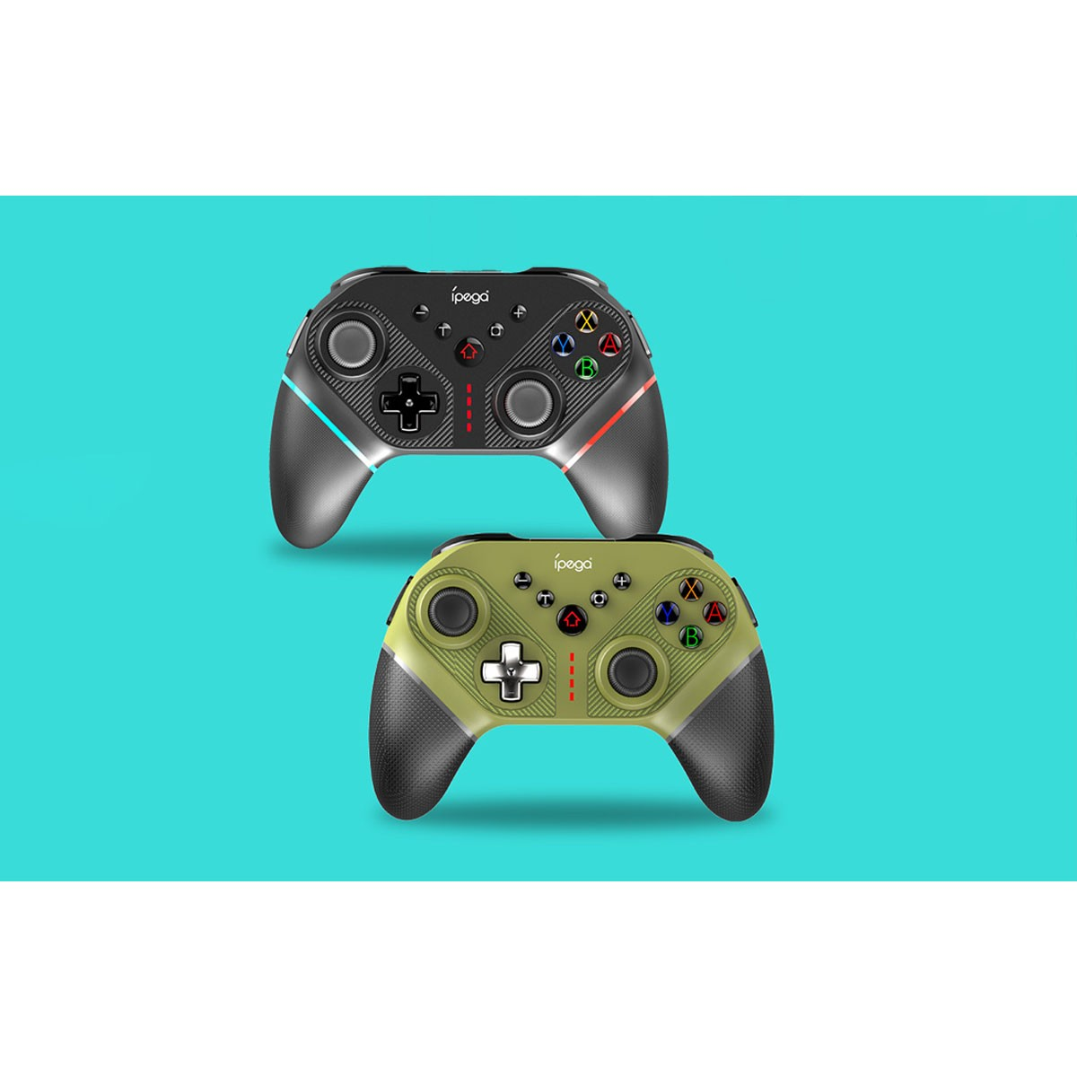 Due controller di gioco, uno nero, uno verde, su sfondo turchese.