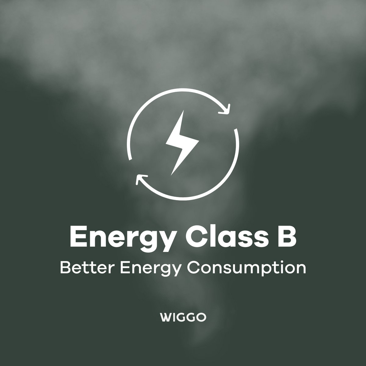 Energieklasse B: Beter Energieverbruik. Wiggo logo met bliksemschicht symbool.