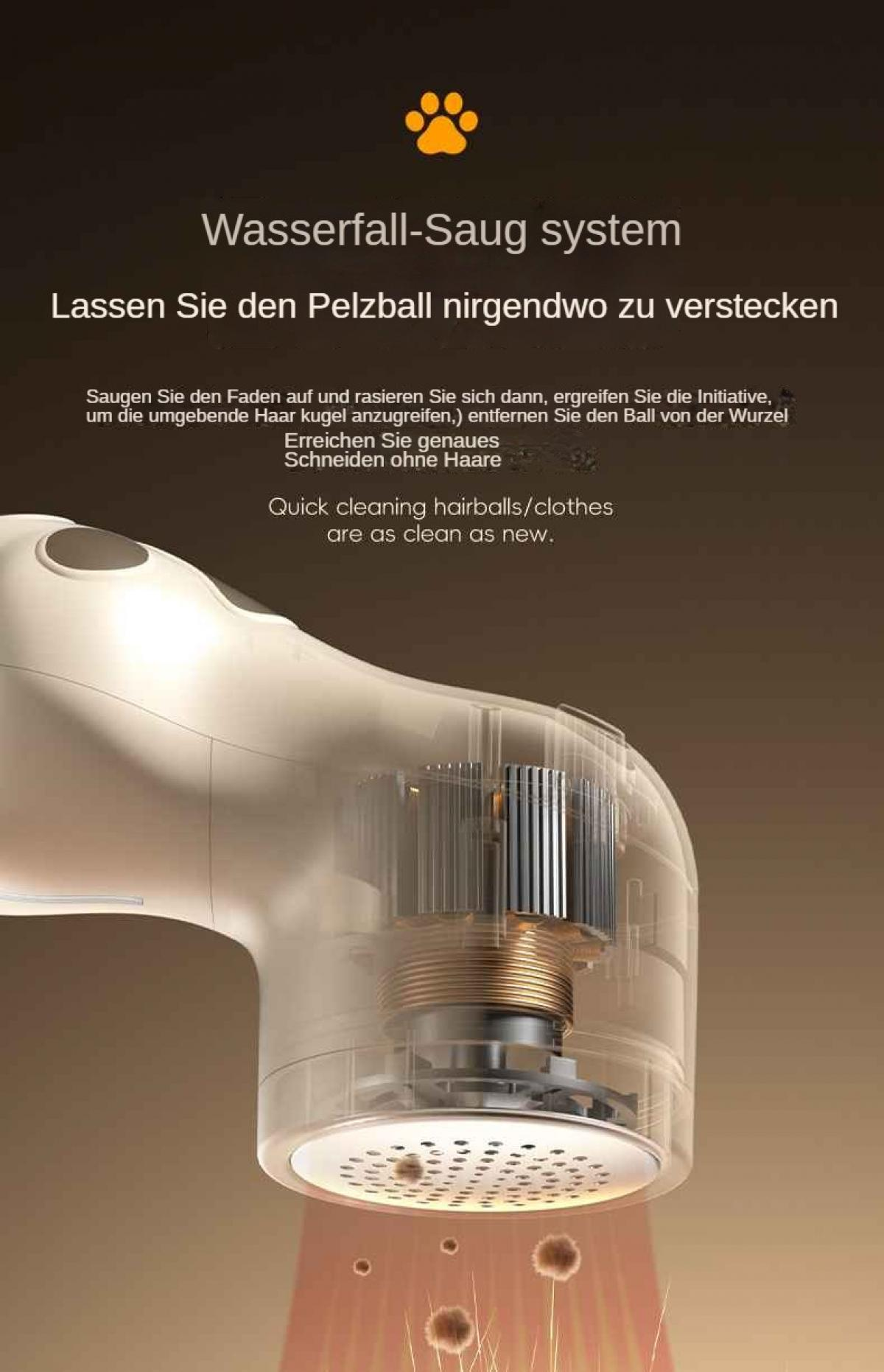 Ein transparenter Fusselentferner mit rotierenden Klingen saugt Fusseln auf.