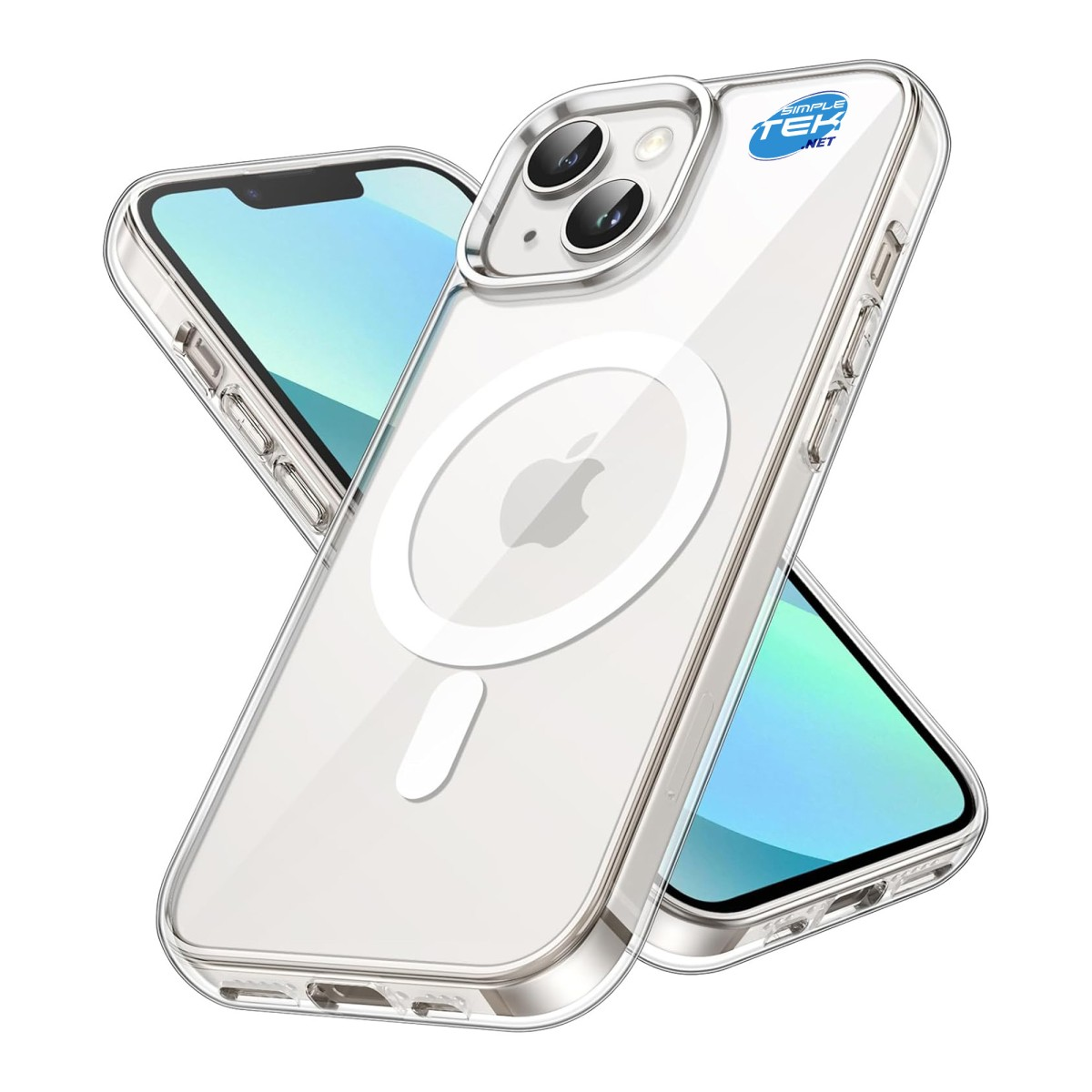 Custodia trasparente MagSafe per iPhone, mostra logo Apple e fotocamera.