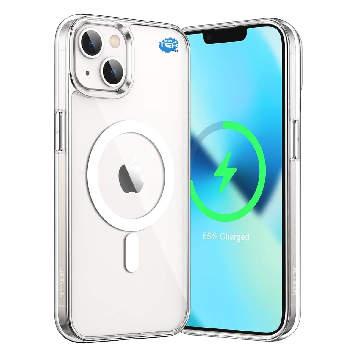 Custodia trasparente per telefono con anello MagSafe e iPhone mostra 65% di carica.