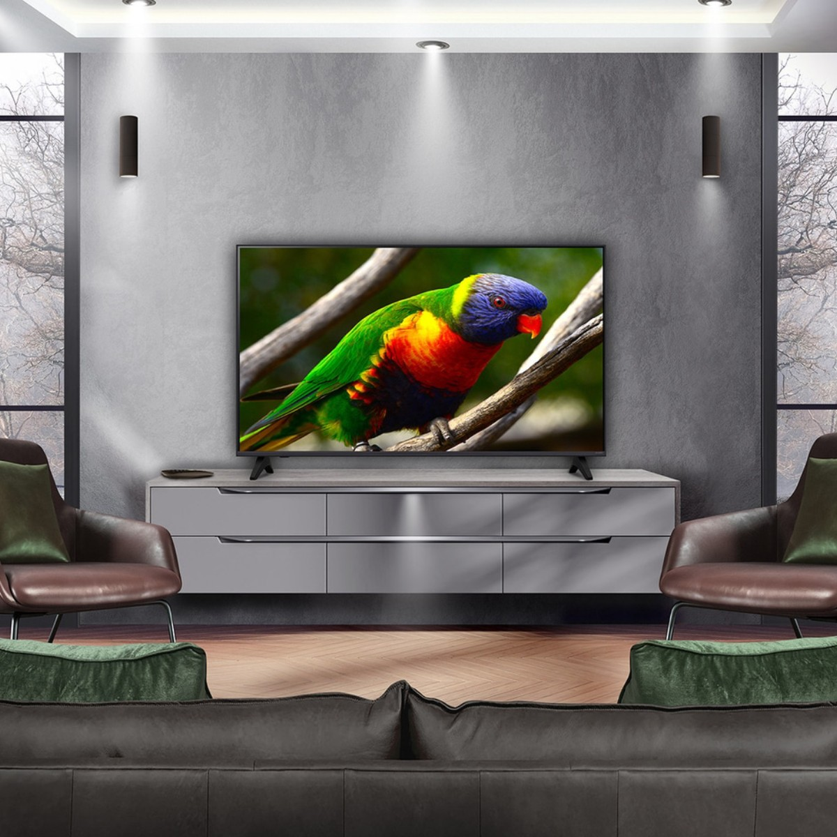 Un pappagallo colorato su un ramo è mostrato su un grande schermo TV in un soggiorno moderno.