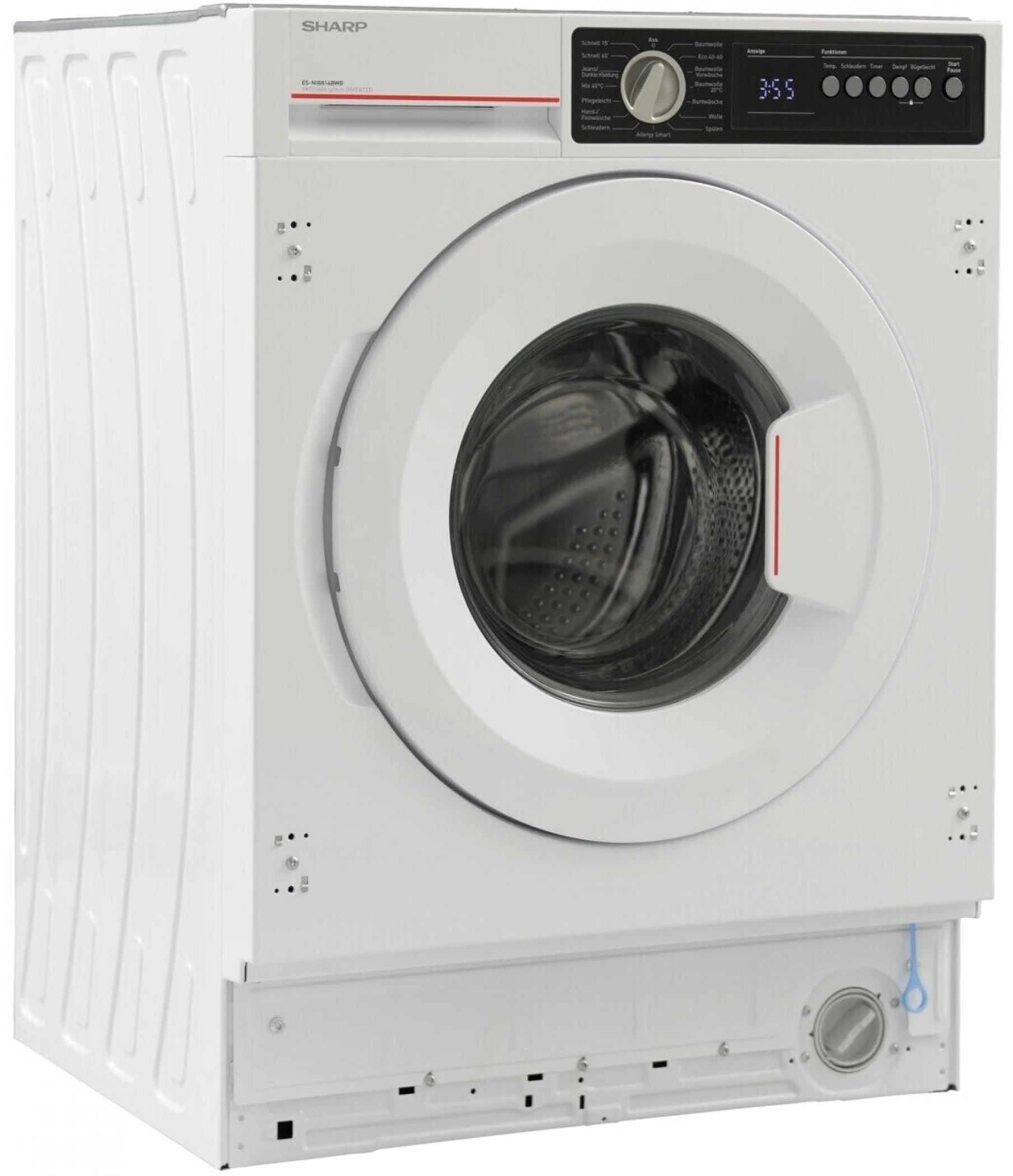 Une machine à laver Sharp blanche avec hublot argenté et panneau de commande noir.