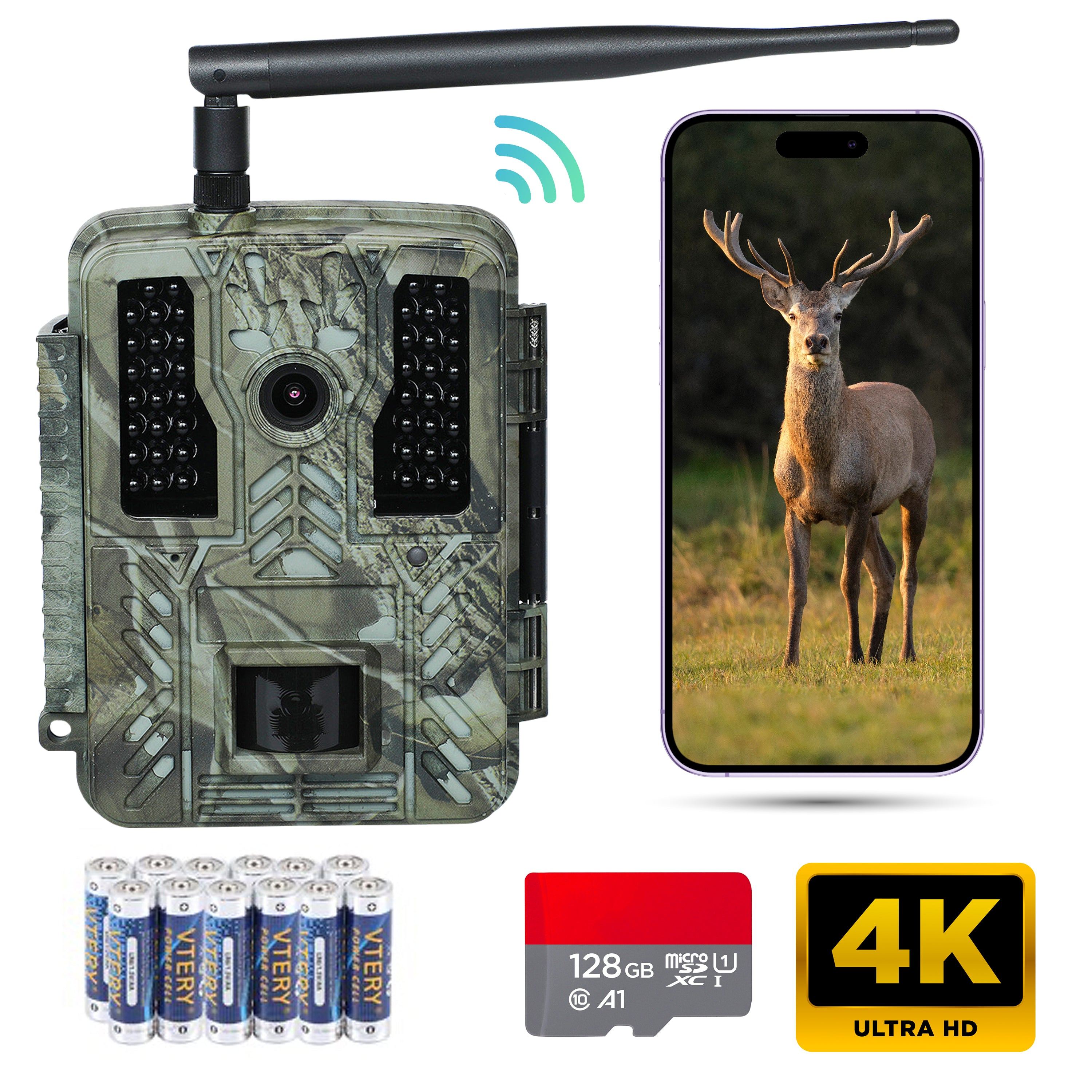 Trail camera with antenna, phone showing deer, batteries, SD card, and 4K logo.