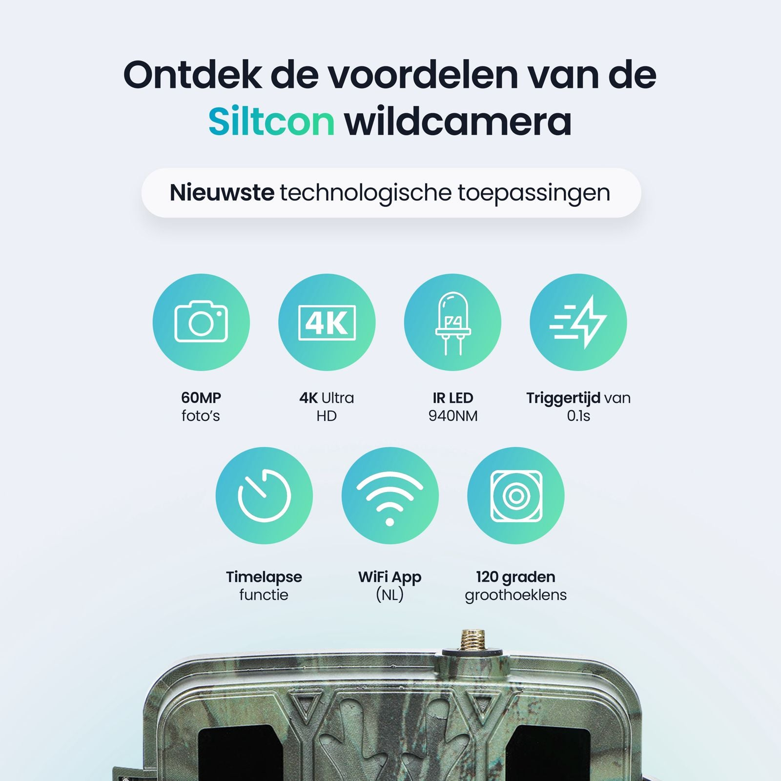 Graphic shows Siltcon trail camera features: 60MP photos, 4K HD, IR LED, 0.1s trigger, Timelapse, WiFi, 120° lens.