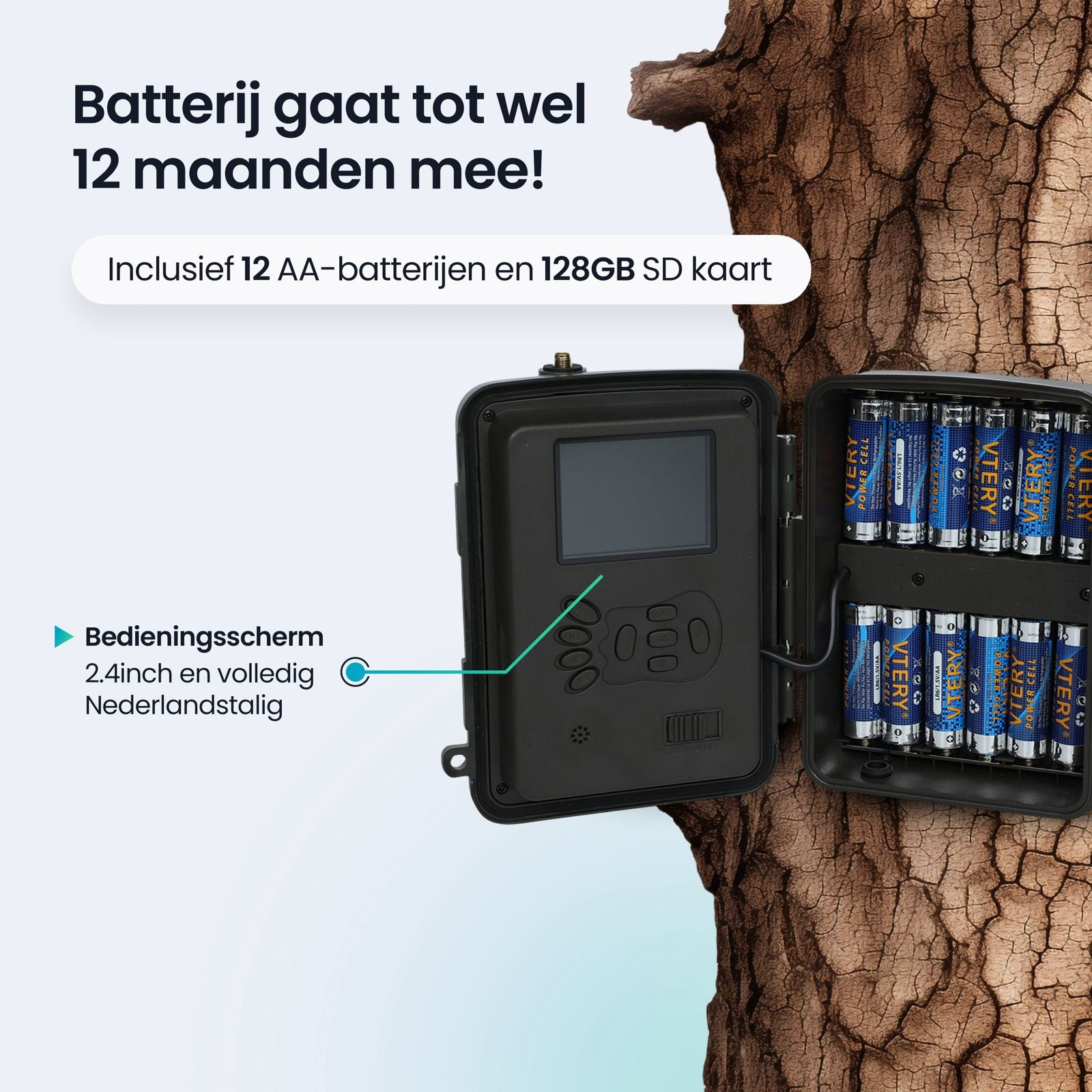 Trail camera with 12 AA batteries and 128GB SD card, attached to a tree.