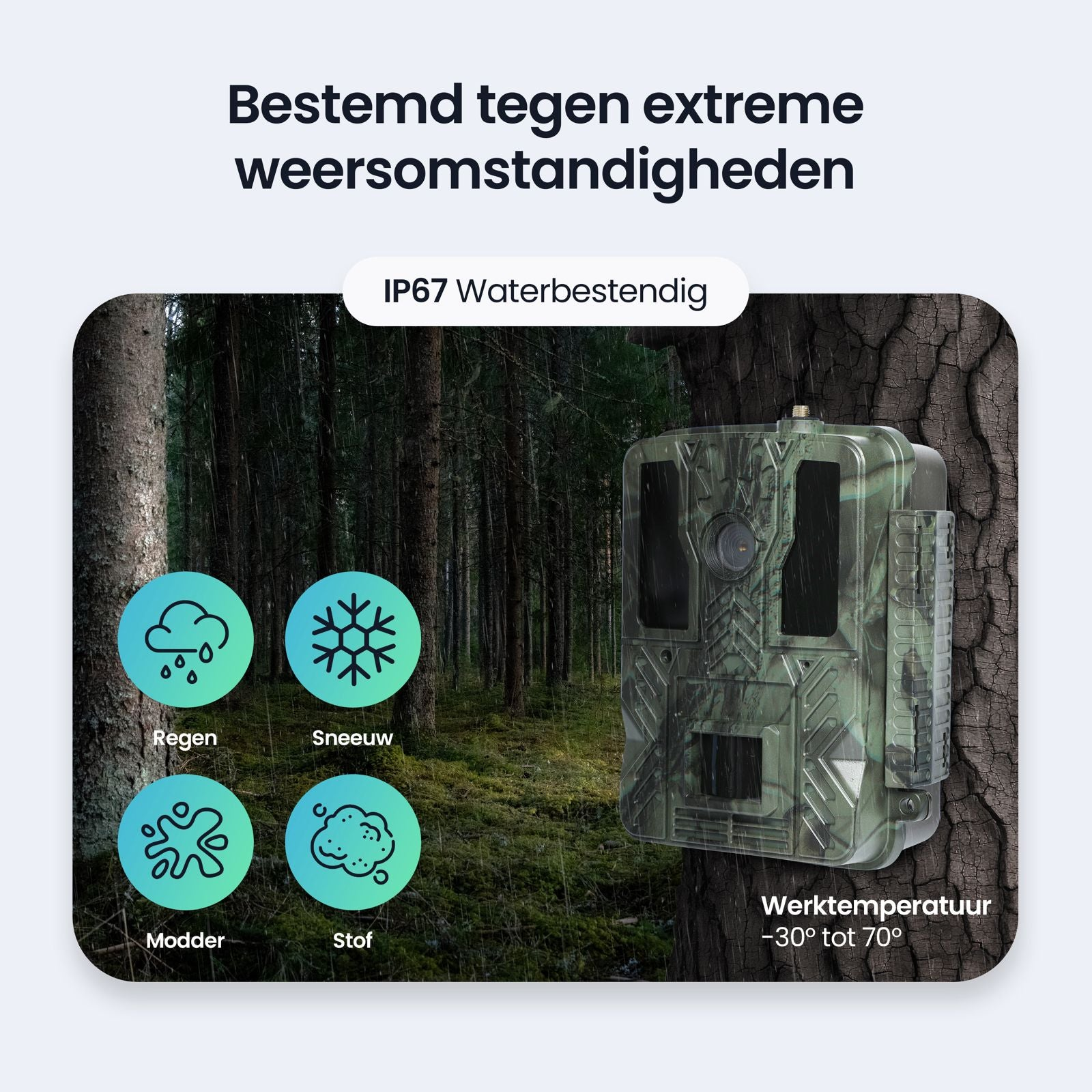 A trail camera is mounted on a tree in a forest. Icons show rain, snow, mud, and dust.