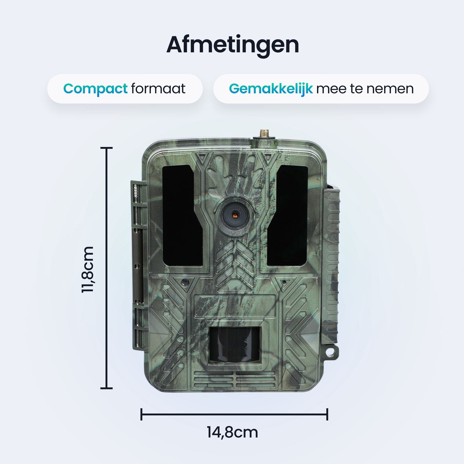 Camouflage camera with dimensions 11.8cm x 14.8cm. Compact and portable.