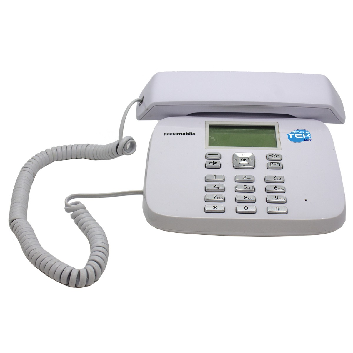 Viene mostrato un telefono fisso Postemobile bianco con cavo a spirale e tastierino numerico.