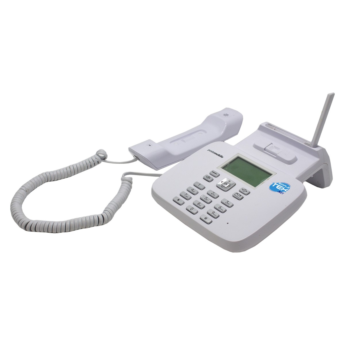 Un telefono fisso bianco con cavo, cornetta e schermo verde.
