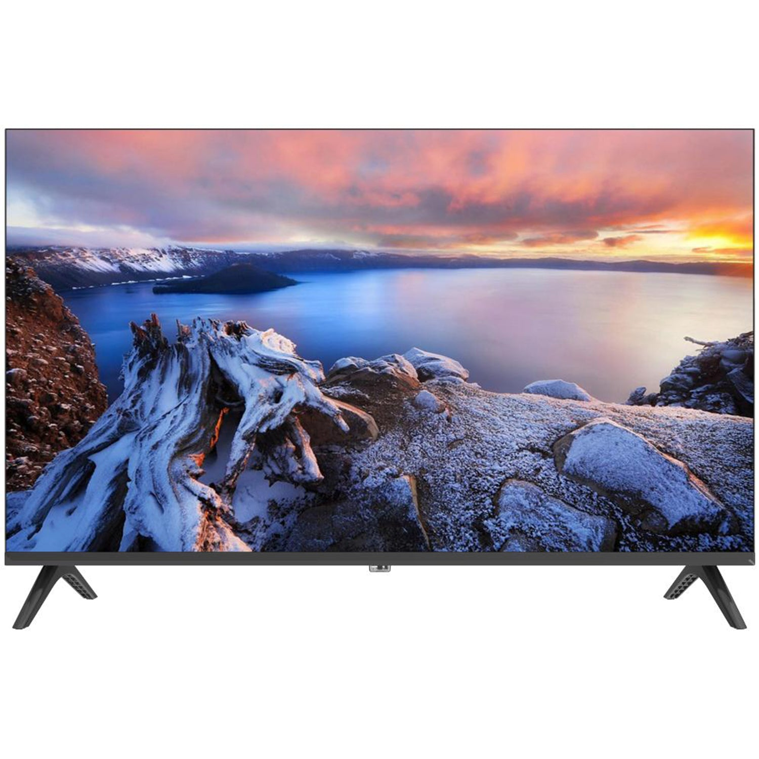 Una TV moderna mostra un vibrante tramonto su un paesaggio innevato con un lago.