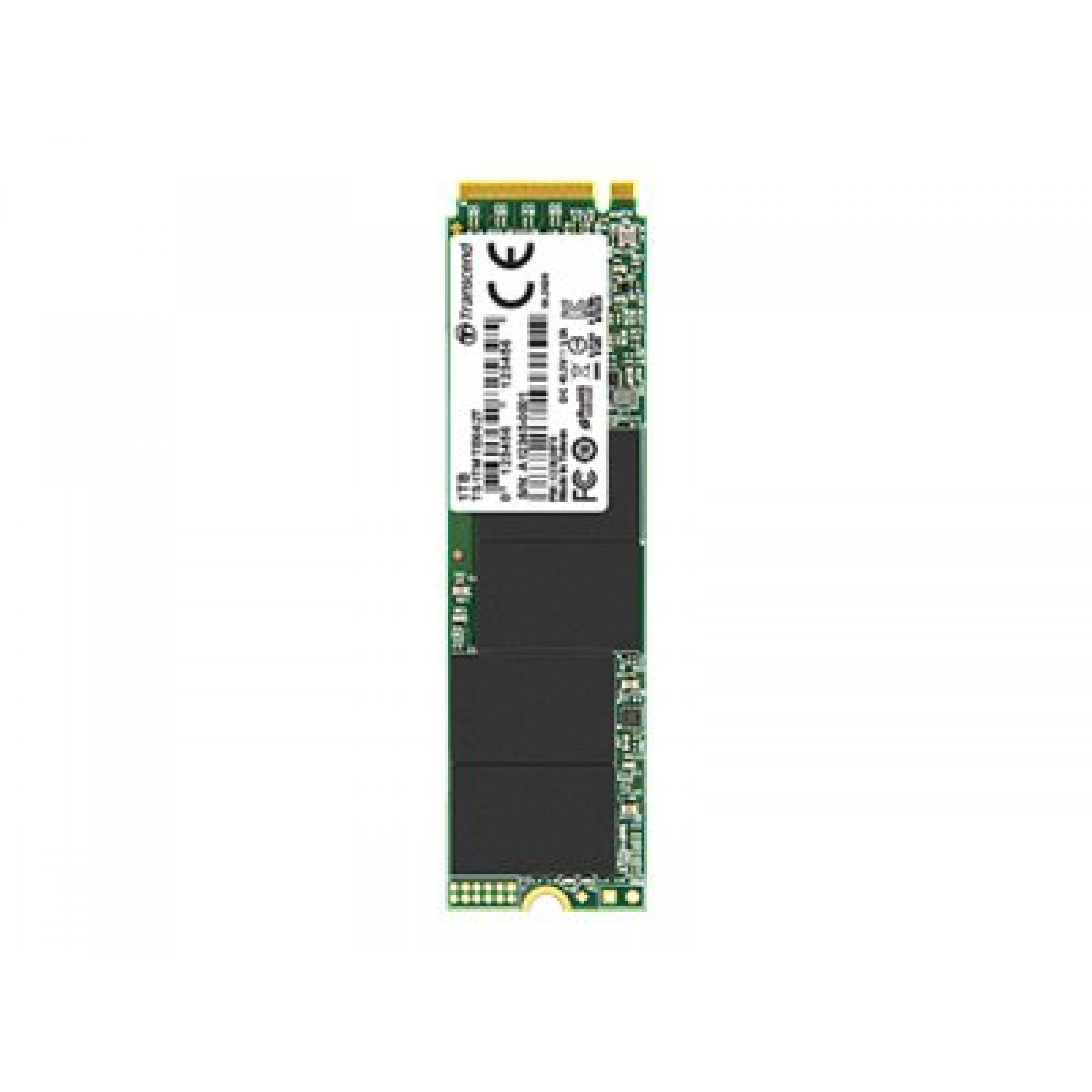 Una scheda verde con chip neri e connettori dorati, etichettata Transcend e CE.