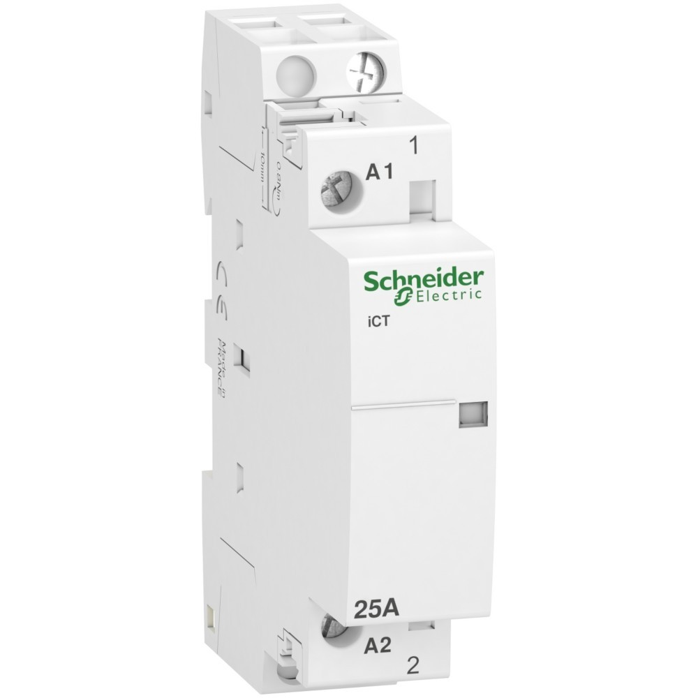 Contattore Schneider Electric iCT bianco con etichette A1, 25A, A2 e 1, 2.