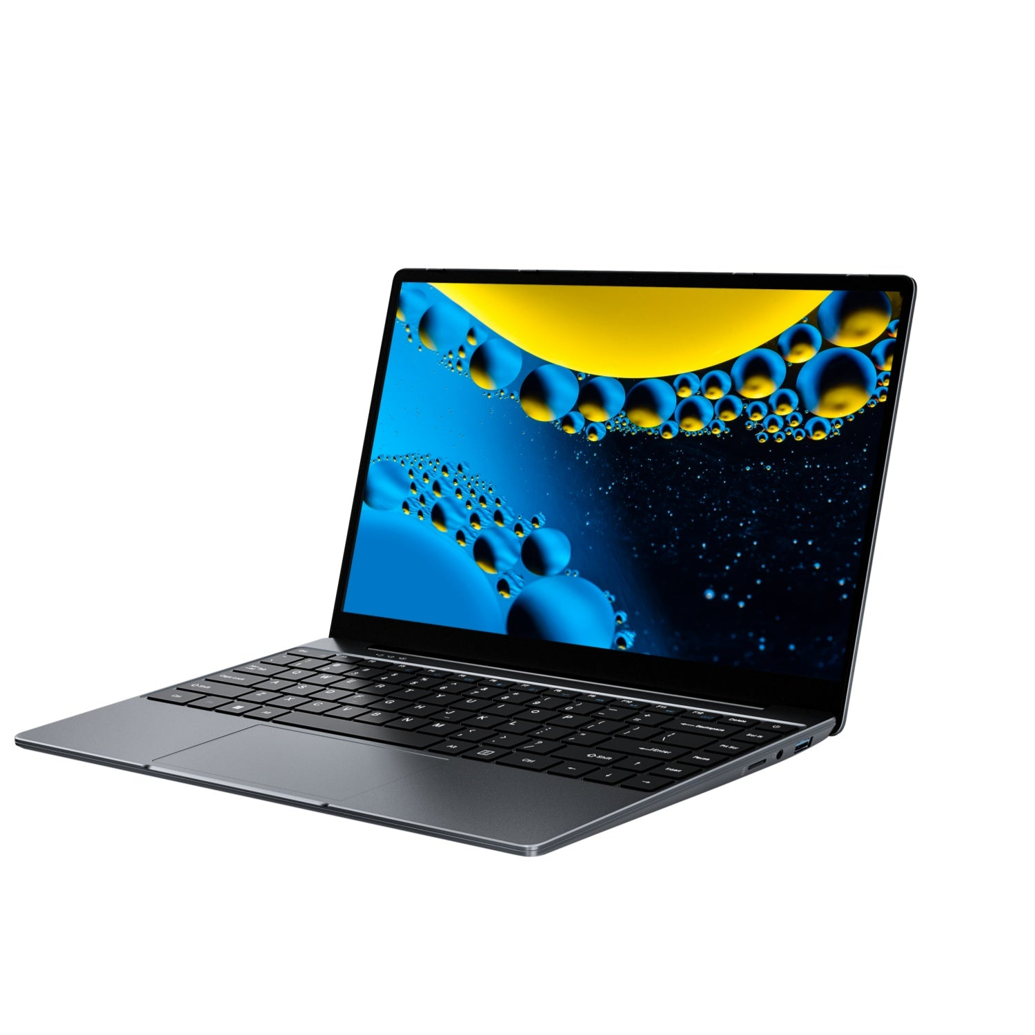 Szary laptop wyświetlający niebiesko-żółty obraz tła z bąbelkami.