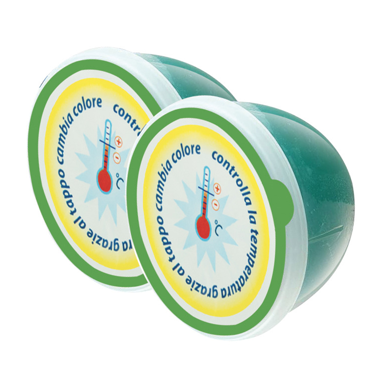 Dwa zielone pojemniki z grafiką termometru i włoskim tekstem.