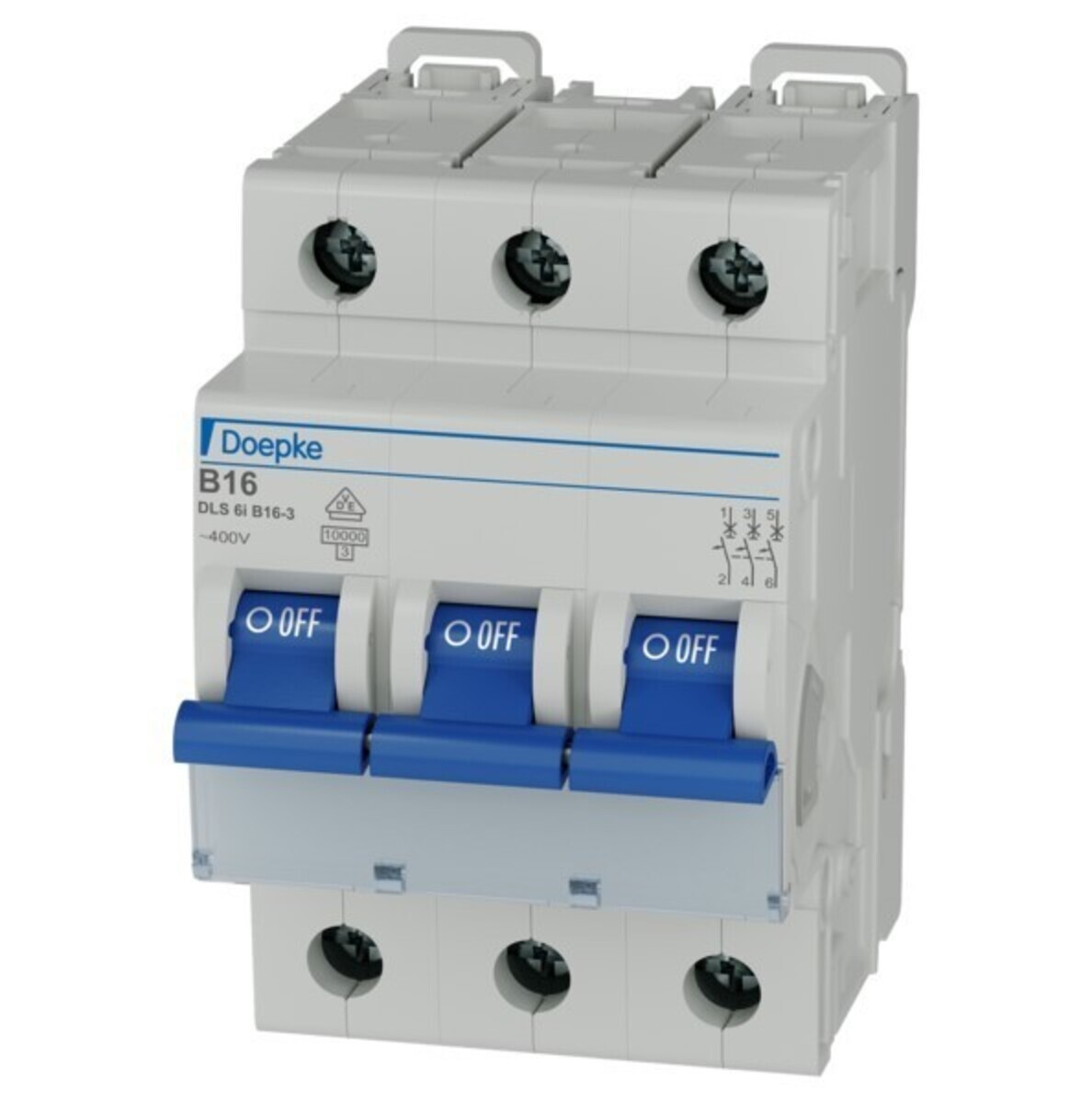 Un interruttore automatico Doepke B16 bianco con tre interruttori blu ON/OFF.