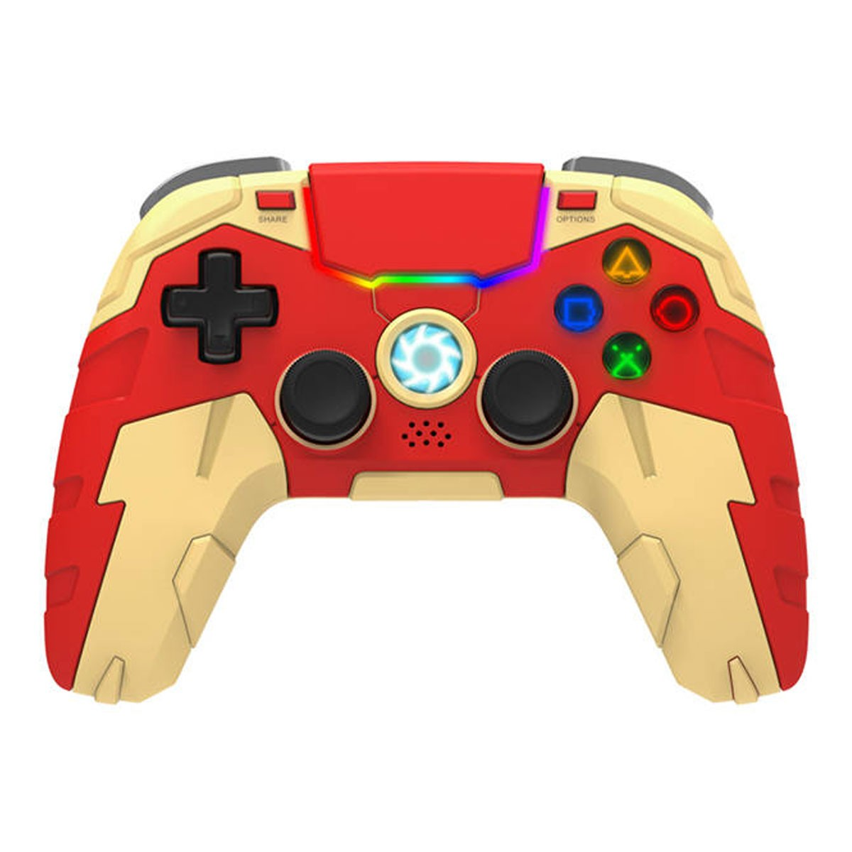 Un controller per videogiochi rosso e oro con una luce blu al centro.