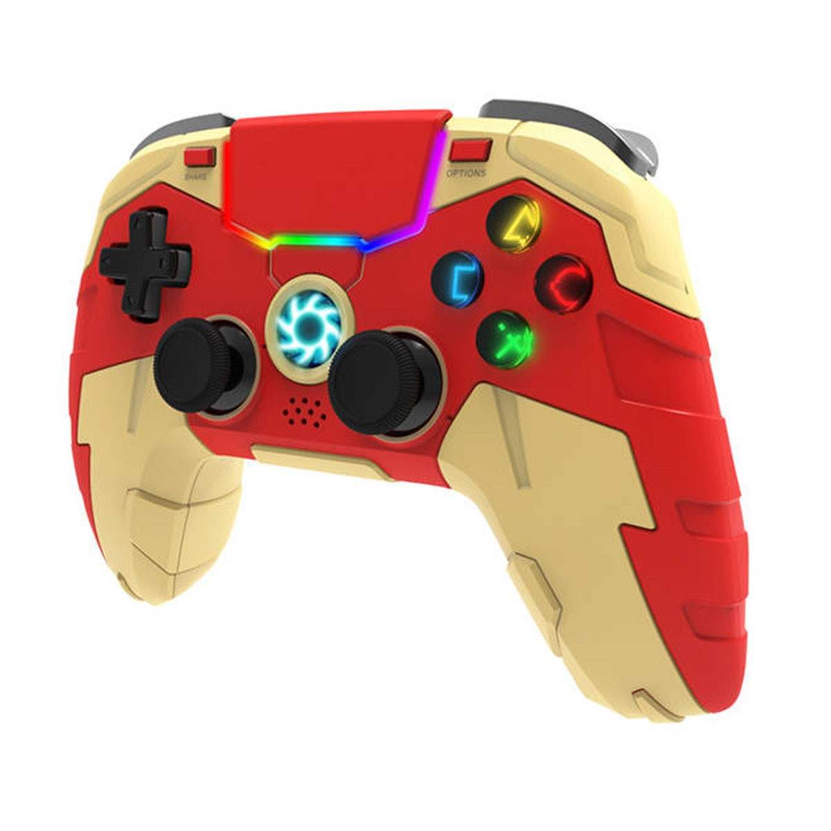 Un controller da gioco rosso e oro con pulsanti illuminati e dettaglio ventola blu.