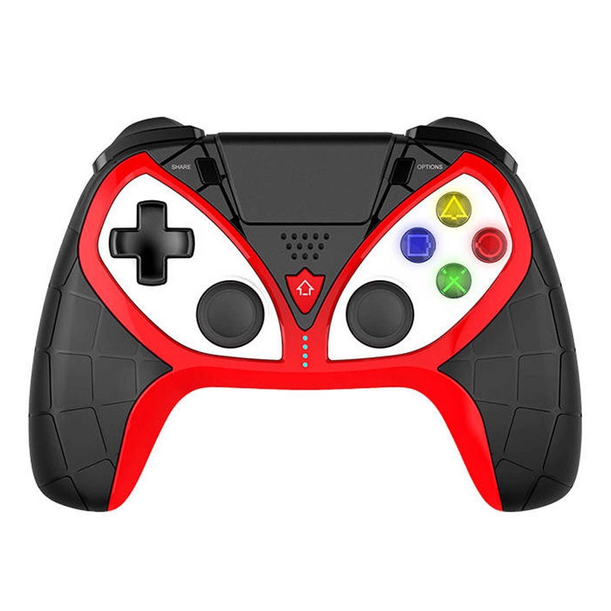 Un controller per videogiochi rosso e nero con pad direzionale e pulsanti colorati.