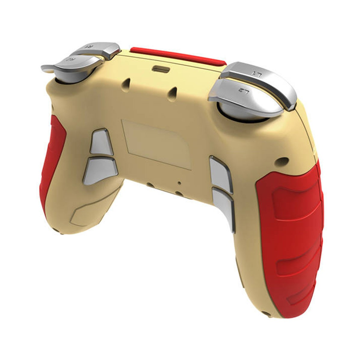Un controller di gioco beige e rosso con pulsanti e accenti argentati, visto da dietro.