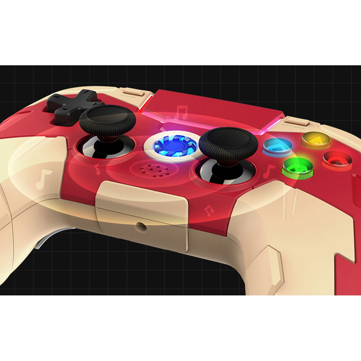 Un controller per videogiochi rosso e beige con pulsanti e joystick illuminati.