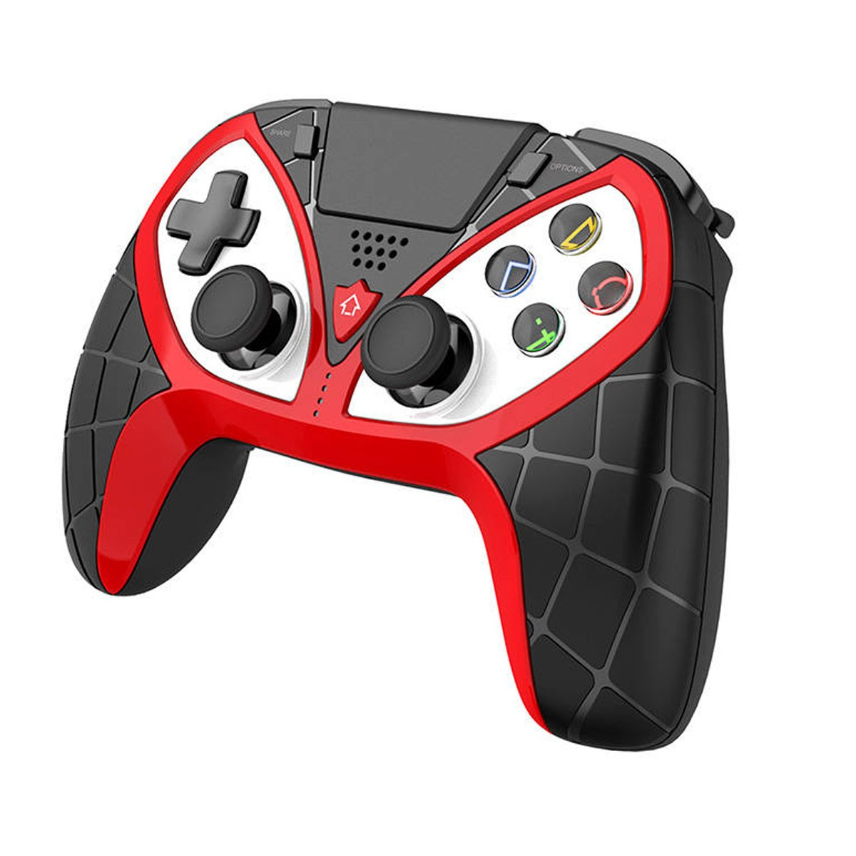 Un controller per videogiochi rosso e nero con design a ragnatela.