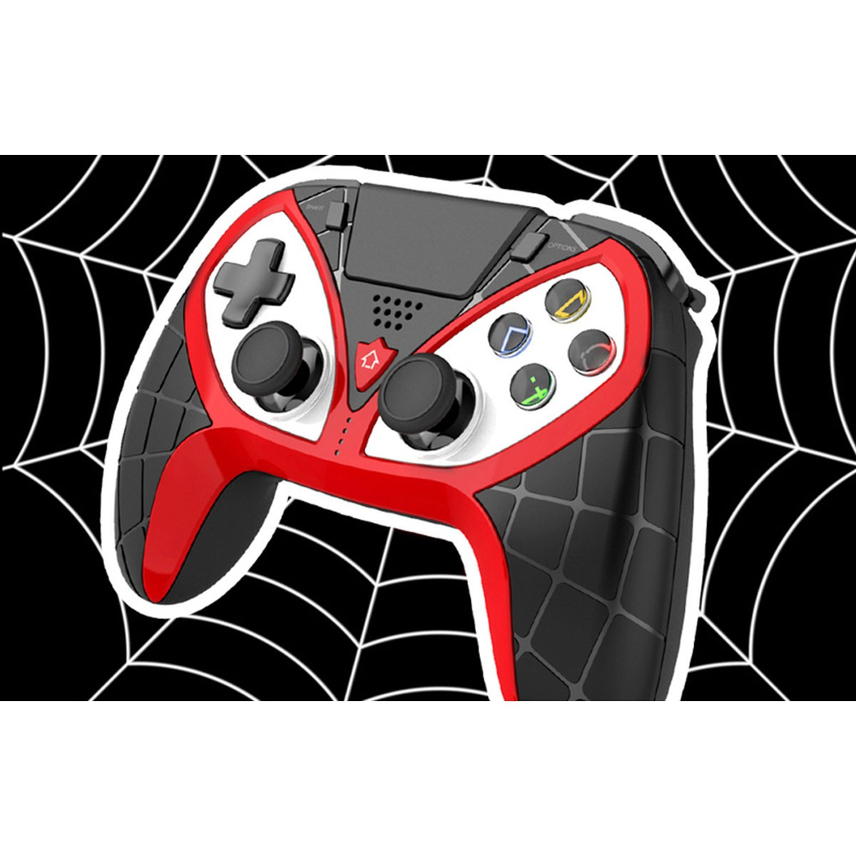 Un controller per videogiochi nero e rosso con design a ragnatela su sfondo nero.