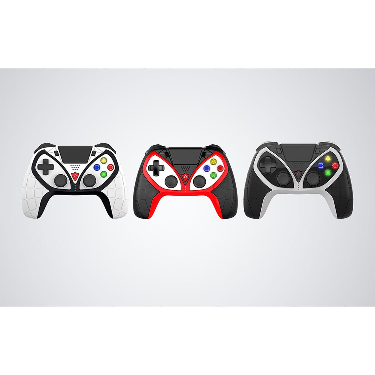 Tre controller per videogiochi bianchi, rossi e neri, uno accanto all'altro su sfondo grigio.