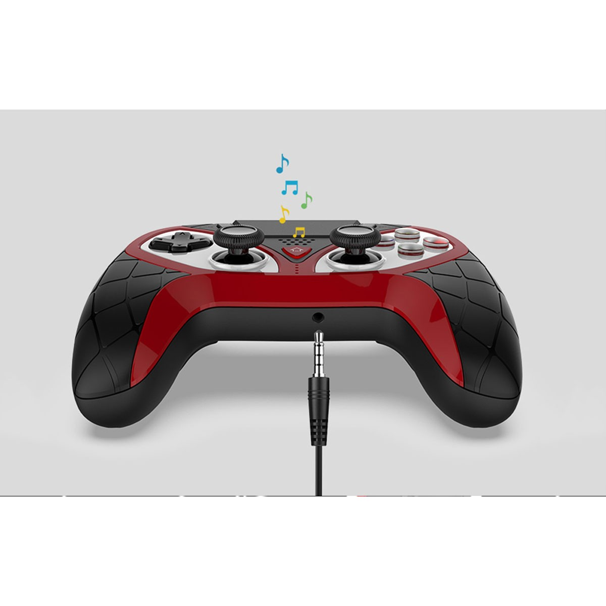 Controller da gioco rosso e nero con jack audio collegato. Note musicali fluttuano sopra.