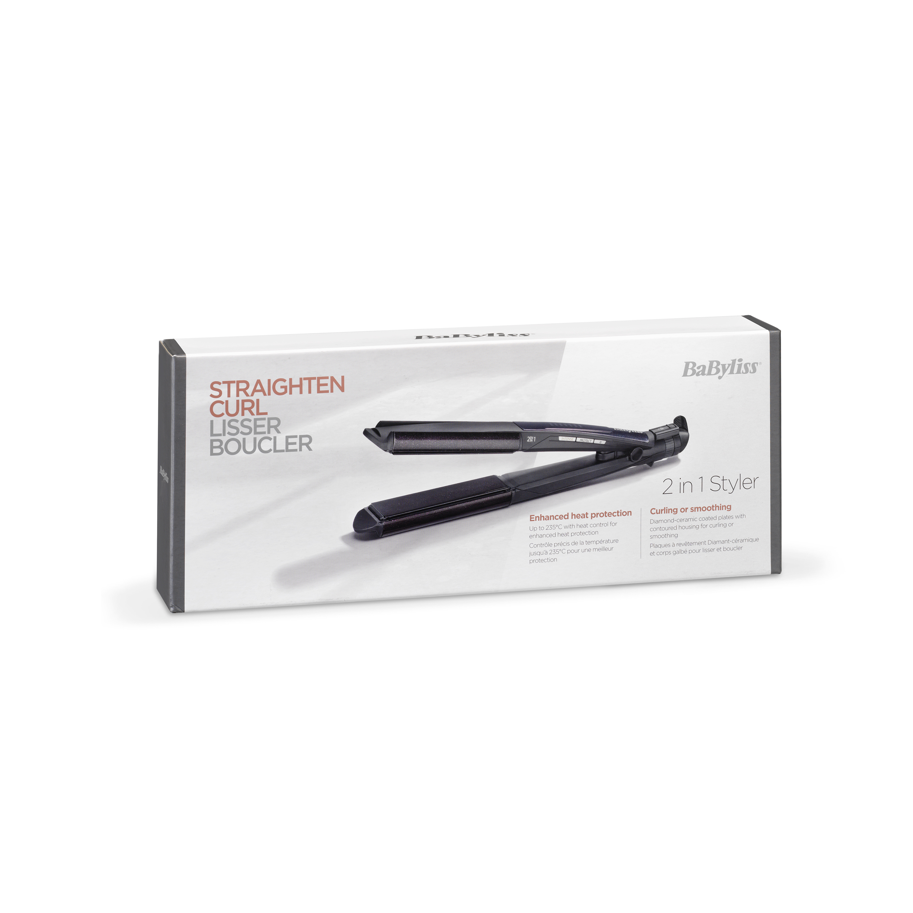 BaByliss 2'si 1 arada düzleştirici ve kıvırıcı, düz ve kavisli plakalı.