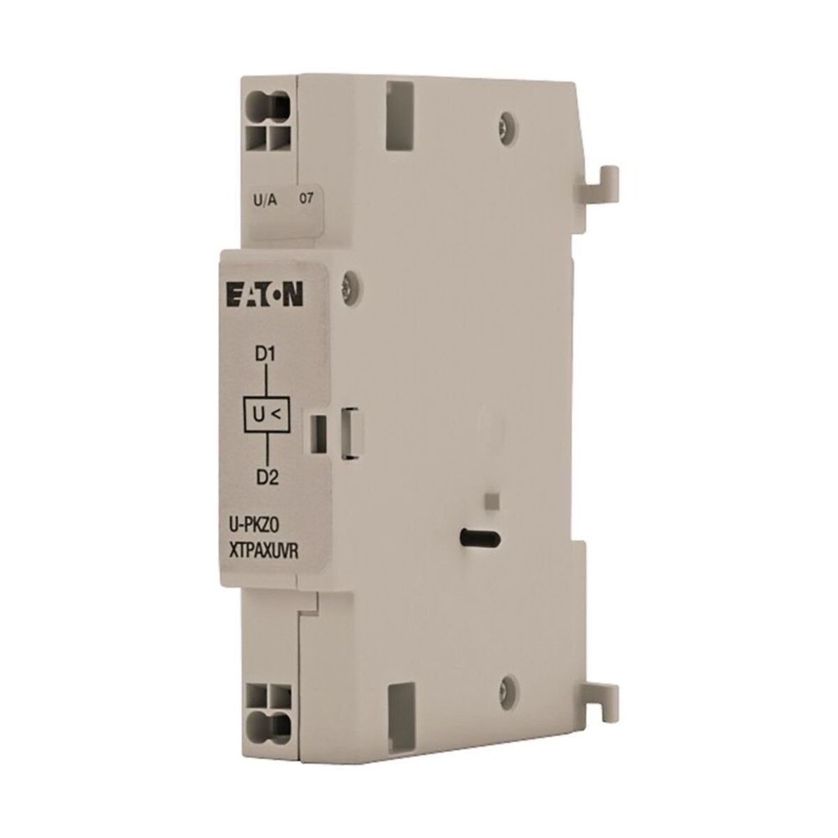 Modulo Eaton U-PKZO XEPAXUVR beige con simbolo U<lt/>, etichette D1, D2 e morsetti a vite.