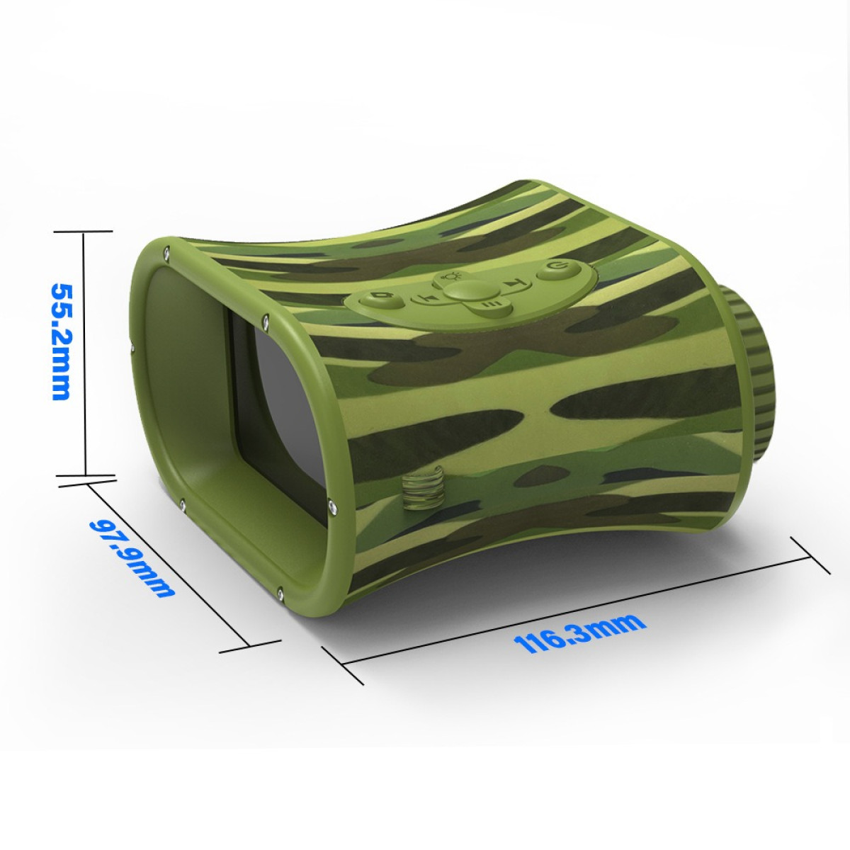 Lornetka w kamuflażu z liniami pomiarowymi. Wymiary: 55,2mm, 97,9mm, 116,3mm.