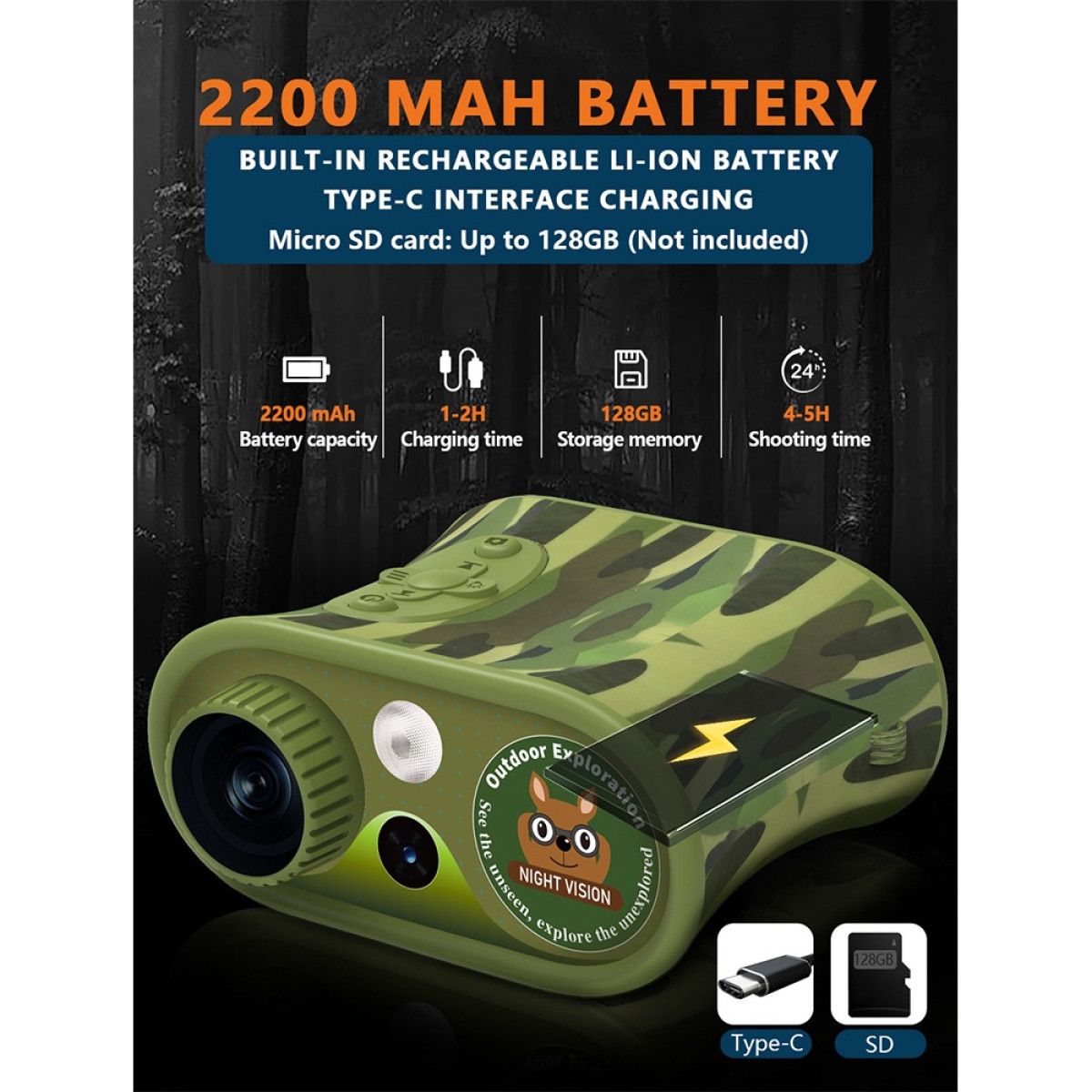 Zielone urządzenie noktowizyjne w kamuflażu z ładowaniem Type-C i obsługą karty SD 128 GB.