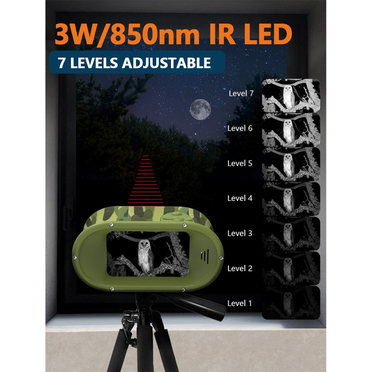 Urządzenie noktowizyjne na statywie pokazujące sowę na ekranie. 7 poziomów IR.