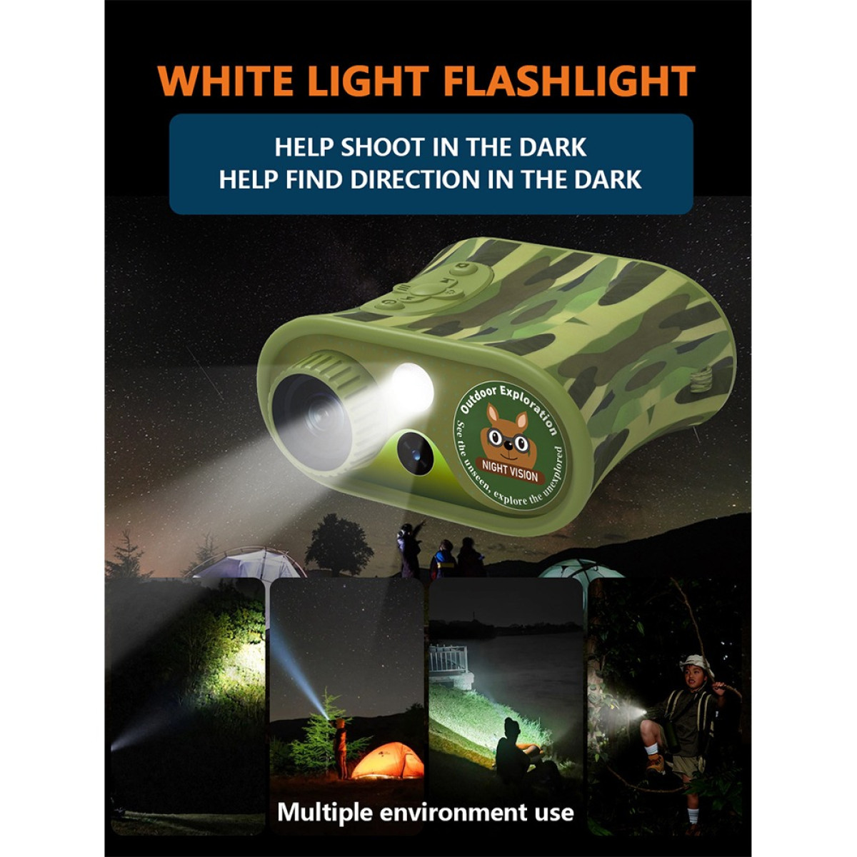 Kamuflażowa latarka noktowizyjna z wiązką światła, sceny zewnętrzne i namioty.